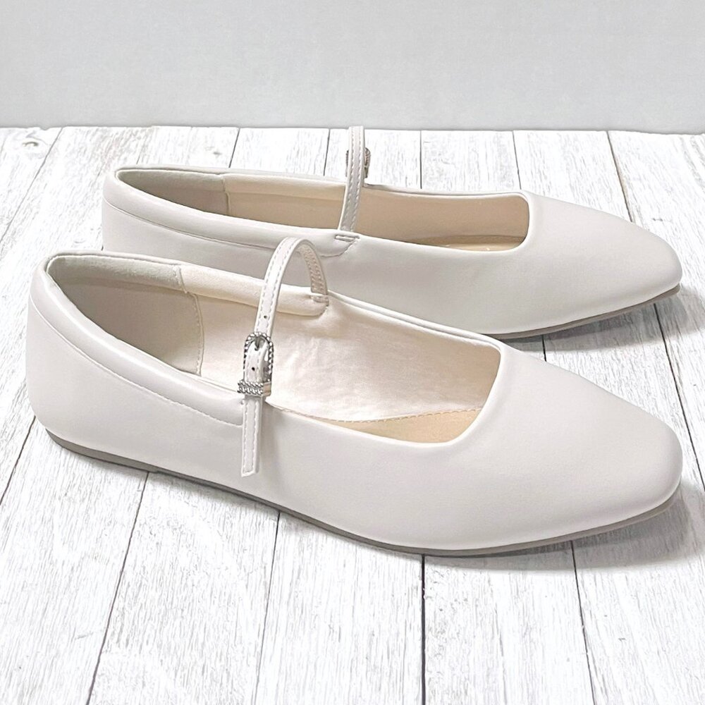 New Womens Bone Beige Square Toe Mary Jane Ballet Flats